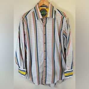 Robert Graham Flip Cuff Button Shirt L Colorful Stripes Paisley Silk Trim Retro